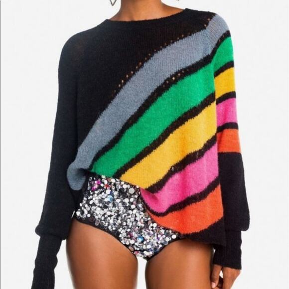 Wildfox Mirage Black Rainbow Striped Alpaca Wool Oversized Pullover Sweater - S - Picture 7 of 12